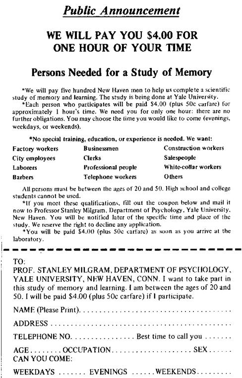 a recruitment flyer for one of Milgram's studies